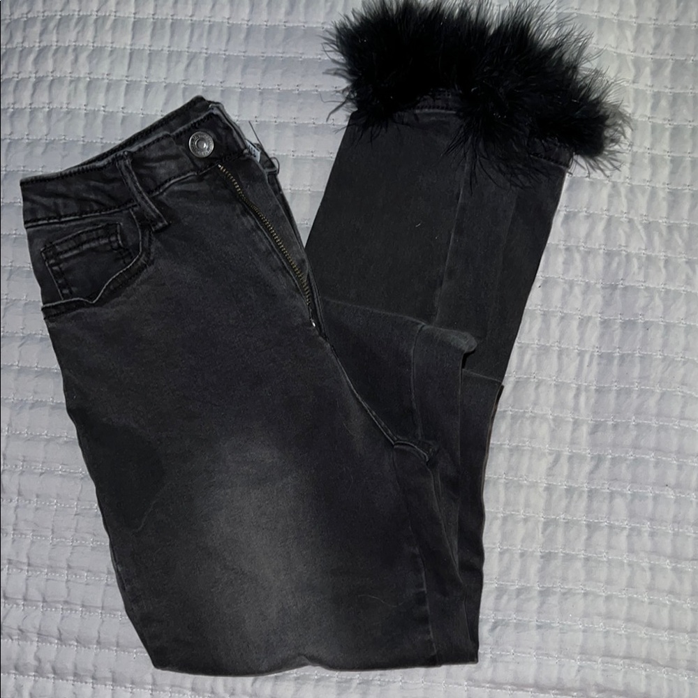 Forever 21 Black Ankle Jeans with Fur Trim